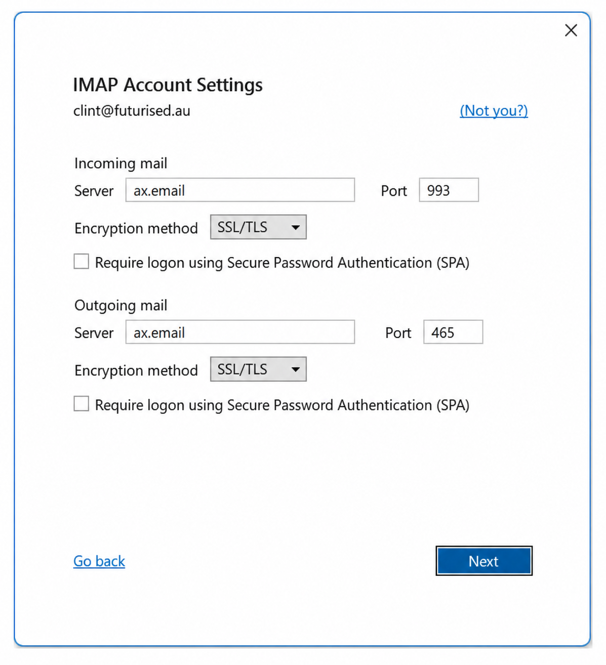Outlook IMAP account settings using ax.email with SSL/TLS