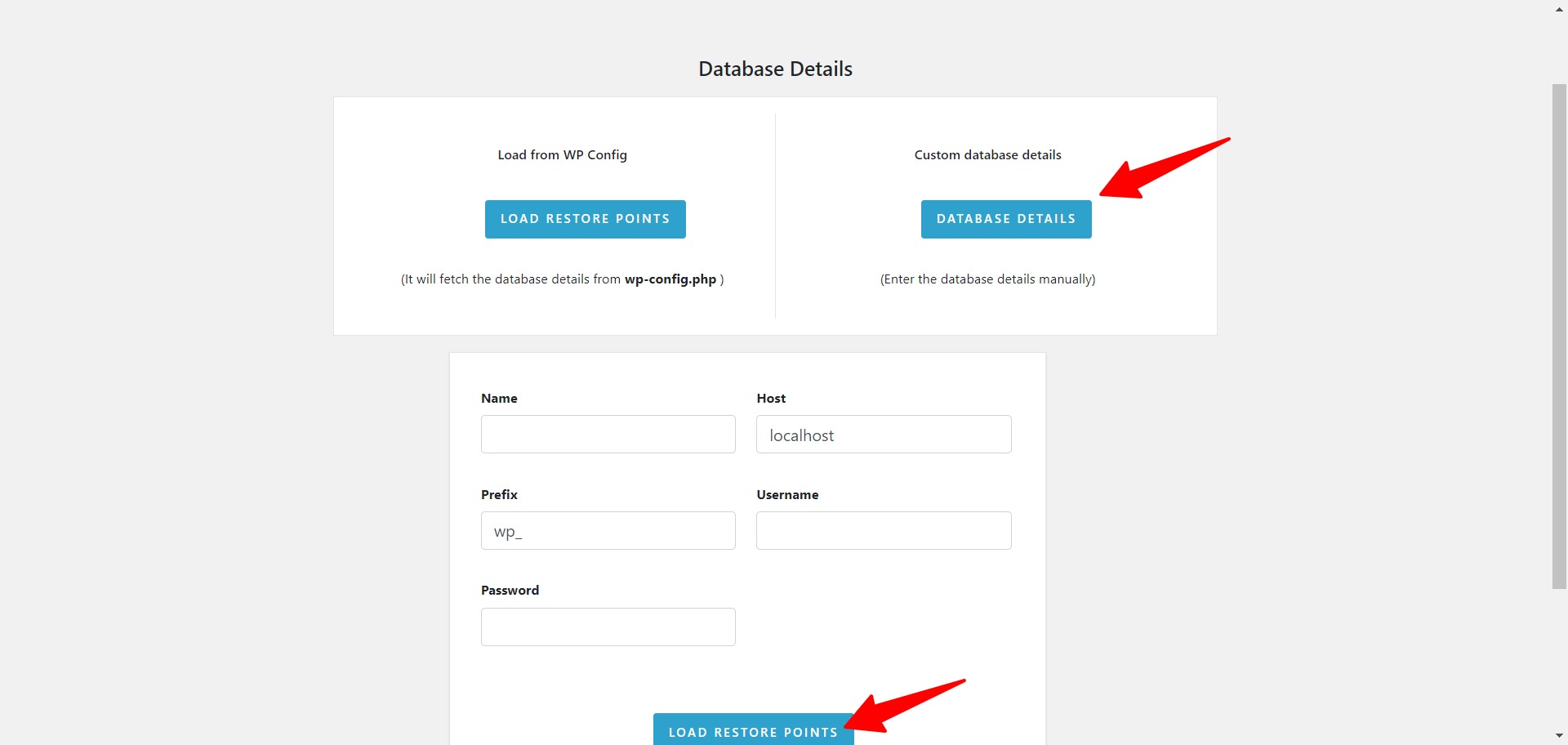 WP Time Capsule Bridge screen for entering custom database details