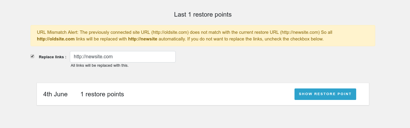 WP Time Capsule Bridge migration settings showing URL replacement and restore point